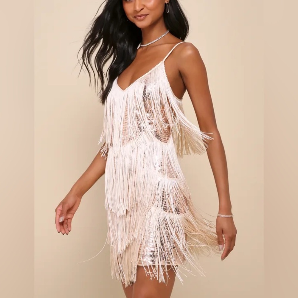 Lulus Champagne Sequin Fringe Dress (XS)
